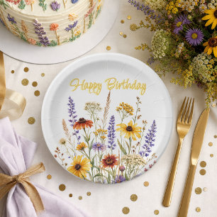 Happy Birthday Wild Flowers Botanical Floral Paper Plate