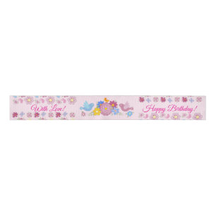 Happy Birthday Wild Flowers Garden Birds Pattern Grosgrain Ribbon