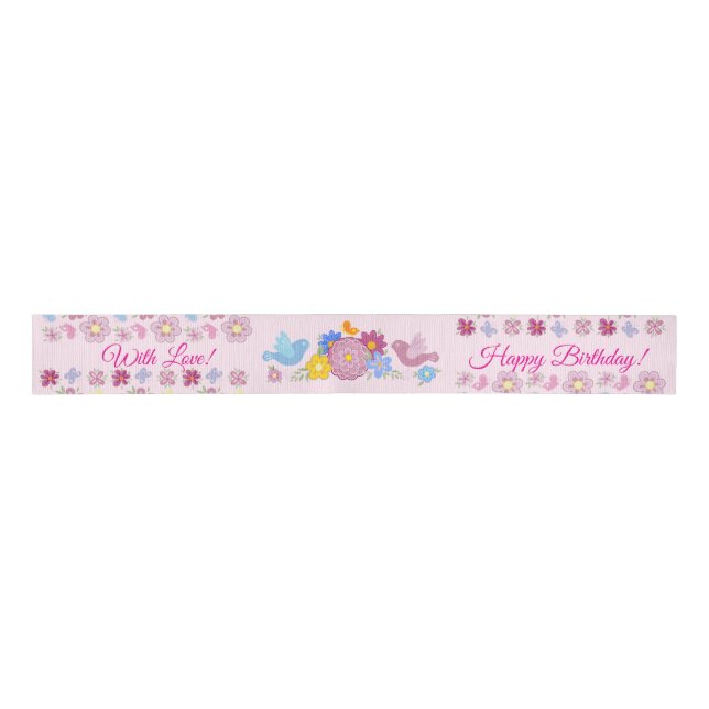 Happy Birthday Wild Flowers Garden Birds Pattern Grosgrain Ribbon (Front)