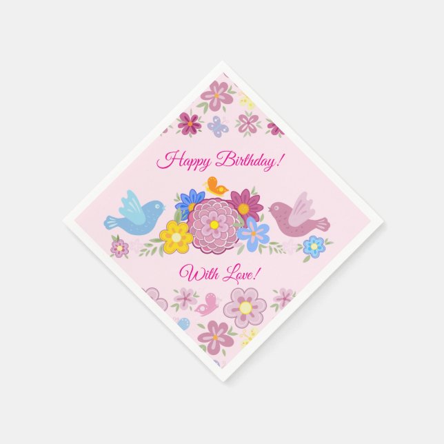 Happy Birthday Wild Flowers Garden Birds Pattern Napkin (Corner)