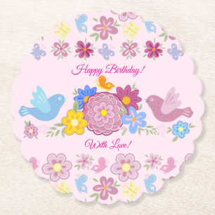 Happy Birthday Wild Flowers Garden Birds Pattern Paper Coaster