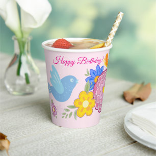 Happy Birthday Wild Flowers Garden Birds Pattern Paper Cups