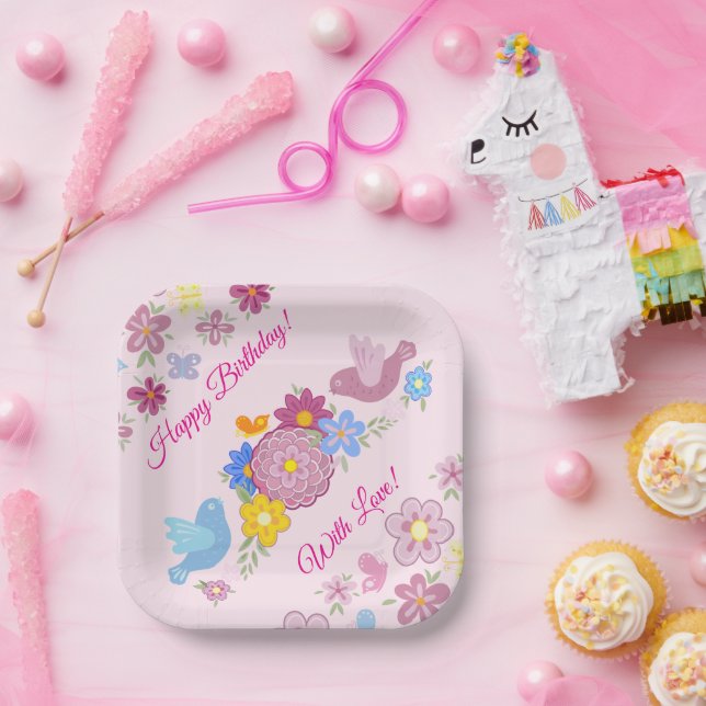 Happy Birthday Wild Flowers Garden Birds Pattern Paper Plate (Party)