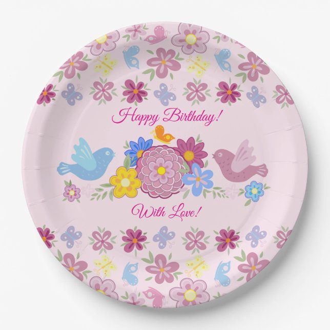 Happy Birthday Wild Flowers Garden Birds Pattern Paper Plate (Front)