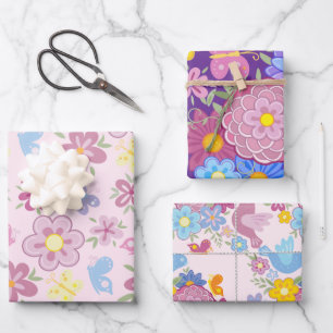 Happy Birthday Wild Flowers Garden Boho Pattern Wrapping Paper Sheet