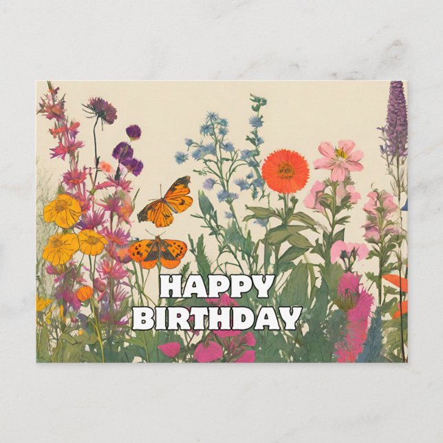 Happy Birthday Wildflowers, Butterflies  Postcard (Front)