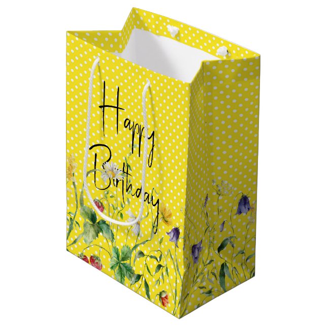 Happy Birthday Wildflowers On Polka Dots Medium Gift Bag (Front Angled)