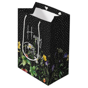 Happy Birthday Wildflowers On Polka Dots Medium Gift Bag
