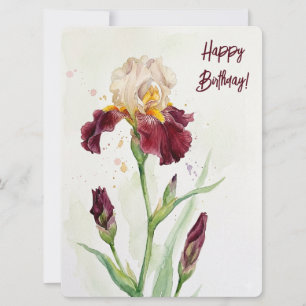Happy birthday wine iris watercolour floral love holiday card