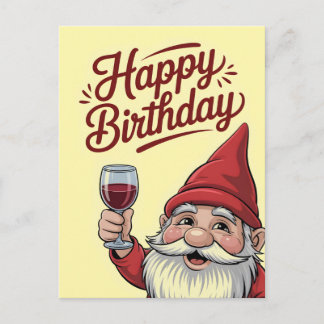 "Happy Birthday" Wine-Toasting Gnome Holiday Postcard