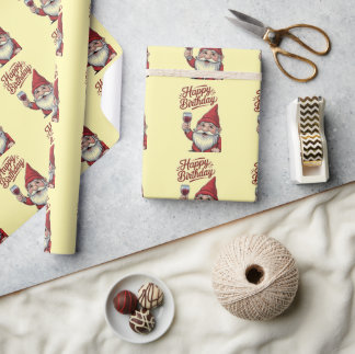 "Happy Birthday" Wine-Toasting Gnome Wrapping Paper