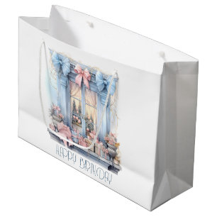  Happy Birthday Winter Blue Pink Victorian Window Large Gift Bag