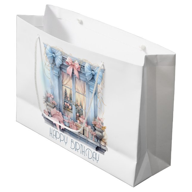  Happy Birthday Winter Blue Pink Victorian Window Large Gift Bag (Front Angled)