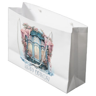  Happy Birthday Winter Blue Pink Victorian Window Large Gift Bag