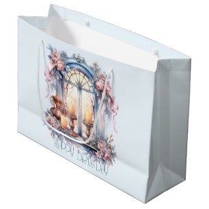  Happy Birthday Winter Blue Pink Victorian Window Large Gift Bag