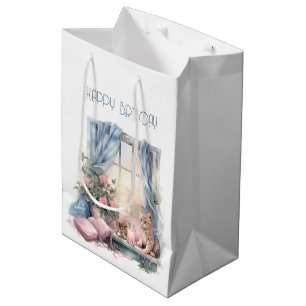  Happy Birthday Winter Blue Pink Victorian Window Medium Gift Bag