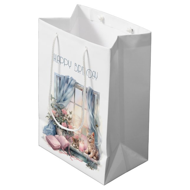  Happy Birthday Winter Blue Pink Victorian Window Medium Gift Bag (Front Angled)