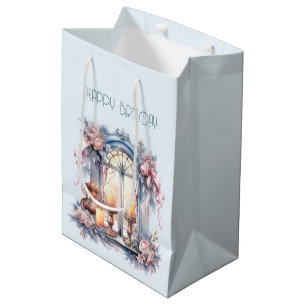  Happy Birthday Winter Blue Pink Victorian Window Medium Gift Bag