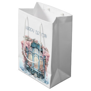  Happy Birthday Winter Blue Pink Victorian Window Medium Gift Bag