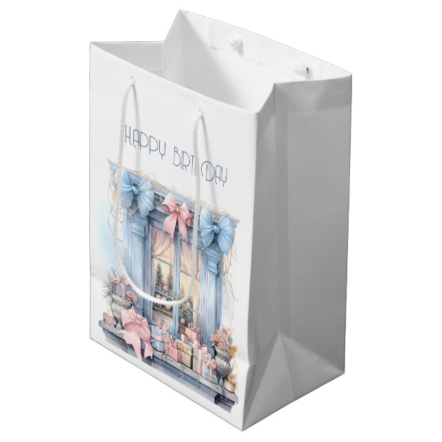  Happy Birthday Winter Blue Pink Victorian Window Medium Gift Bag (Front Angled)