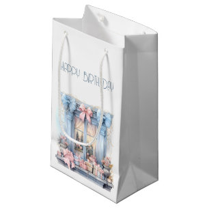  Happy Birthday Winter Blue Pink Victorian Window Small Gift Bag