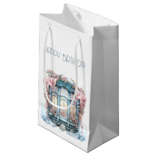  Happy Birthday Winter Blue Pink Victorian Window Small Gift Bag