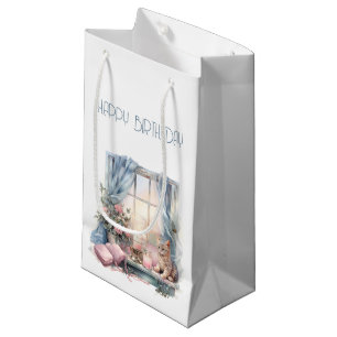  Happy Birthday Winter Blue Pink Victorian Window Small Gift Bag
