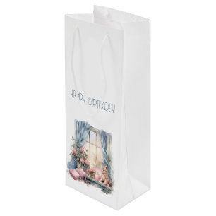  Happy Birthday Winter Blue Pink Victorian Window Wine Gift Bag