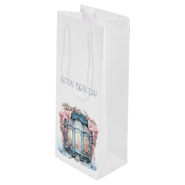  Happy Birthday Winter Blue Pink Victorian Window Wine Gift Bag (Front Angled)
