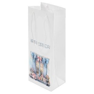  Happy Birthday Winter Blue Pink Victorian Window Wine Gift Bag