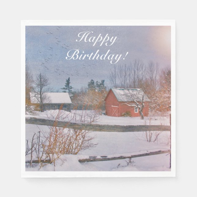 Happy Birthday Winter Farm Scene Napkin (Front)