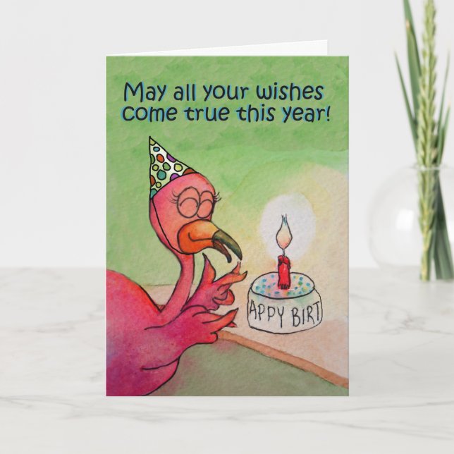 Happy Birthday Wish Whimsical Pink Flamingo Card (Front)