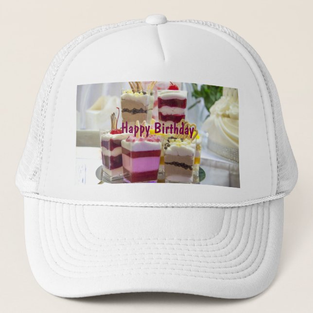 Happy Birthday Wishes Slice Cakes Printed White Trucker Hat (Front)