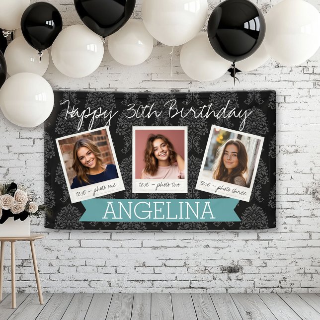 Happy Birthday with 3 Photos - can edit back colou Banner (Custom Birthday Banner)
