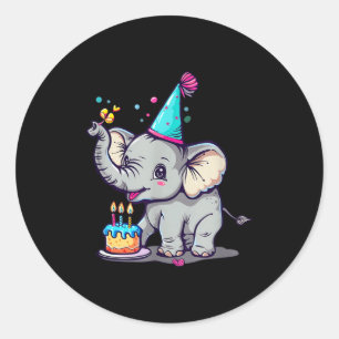 Happy Birthday With A Big Elephant, Party Hat And Classic Round Sticker