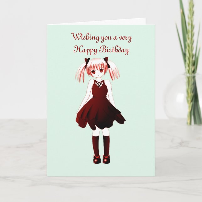 Happy Birthday with anime girl with ponytails Card (Front)