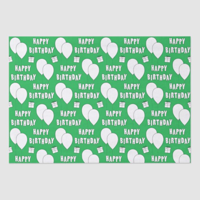 Happy Birthday With Balloons Green Background Tissue Paper (Front)