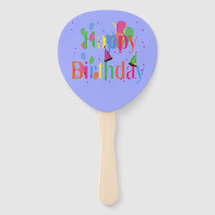Happy birthday with balloons on blue hand fan