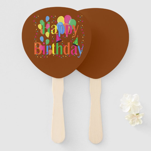 Happy birthday with balloons on brown hand fan (Front and Back)
