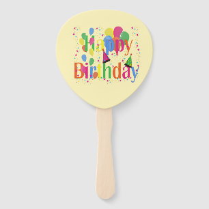 Happy birthday with balloons on cream hand fan