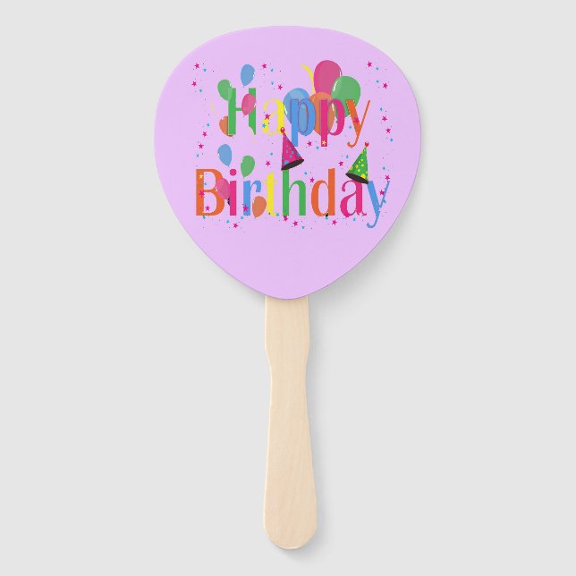 Happy birthday with balloons on purple hand fan (Front)