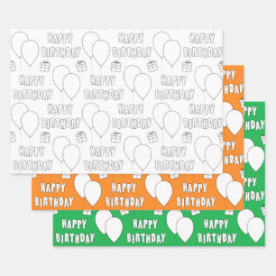 Happy Birthday With Balloons   White Orange Green Wrapping Paper Sheet