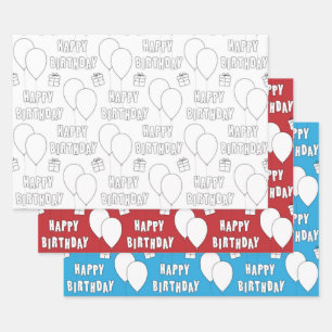 Happy Birthday With Balloons    White Red Blue Wrapping Paper Sheet