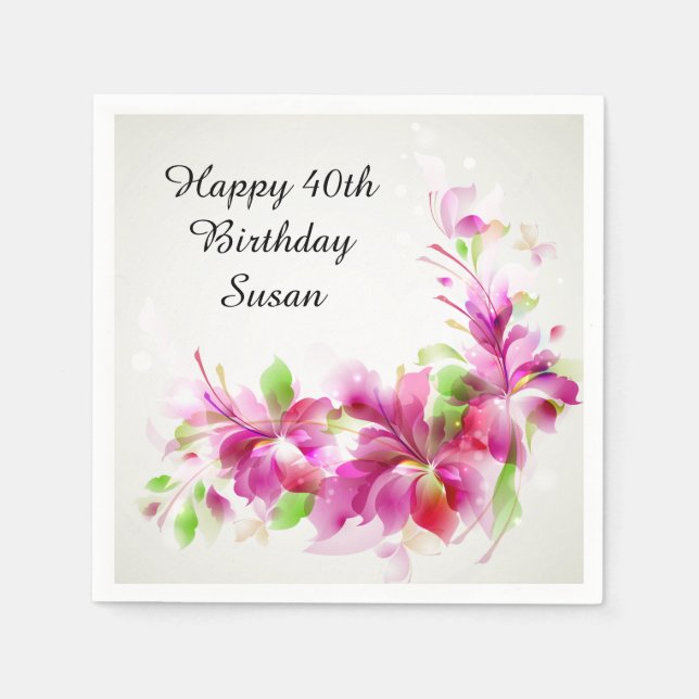 Happy Birthday with Beautiful Flowers Napkin (Front)