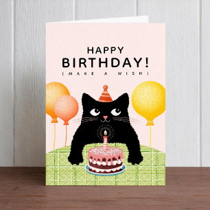 Happy Birthday with black cat, cake and candle Card