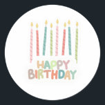 Happy Birthday With Candles  Classic Round Sticker<br><div class="desc">Celebrate sweet moments with this soft and cheerful Happy Birthday sticker! Featuring 8 pastel-coloured candles and playful text,  it’s perfect for party favours,  gift wrap,  or birthday card embellishments. Light,  whimsical,  and full of charm—just like the big day!</div>