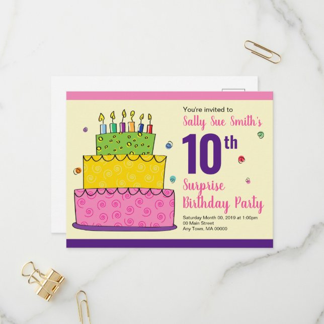 Happy Birthday with Candles Colourful Cake Confett Invitation Postcard (Front/Back In Situ)
