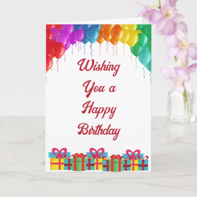 Happy Birthday with Colourful Balloons & Presents Card (Orchid)