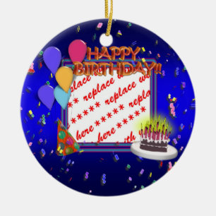 Happy Birthday With Confetti  Photo Frame Ceramic Tree Decoration
