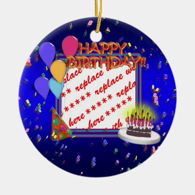 Happy Birthday With Confetti  Photo Frame Ceramic Tree Decoration (Front)